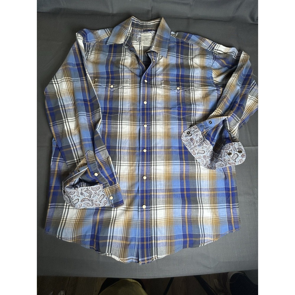 Panhandle blue brown plaid pearl snap ls western shirt size Large